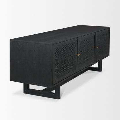 Grier 65 Inch Black Solid Wood and Cane Media Console
