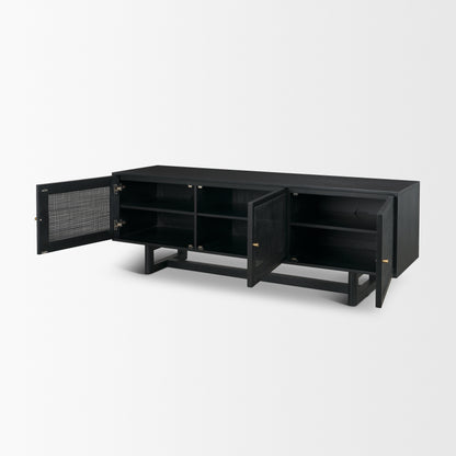 Grier 65 Inch Black Solid Wood and Cane Media Console