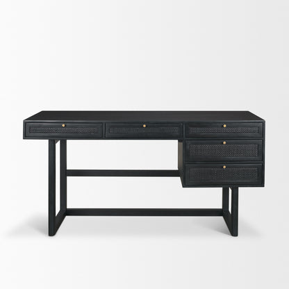 Grier 60 Inch Black Solid Wood and Cane Office Desk