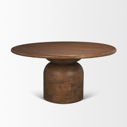 Atlas Mid‑Brown Wood Round Table with Geometric Pedestal Base