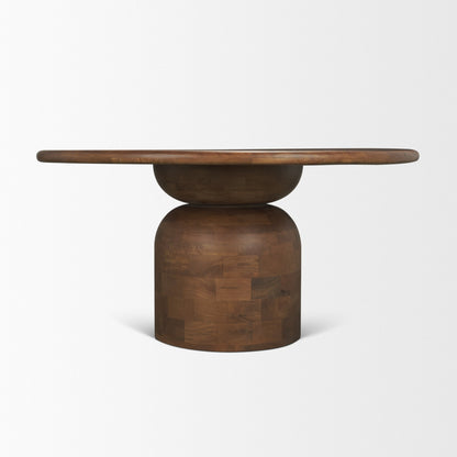 Atlas Mid‑Brown Wood Round Table with Geometric Pedestal Base