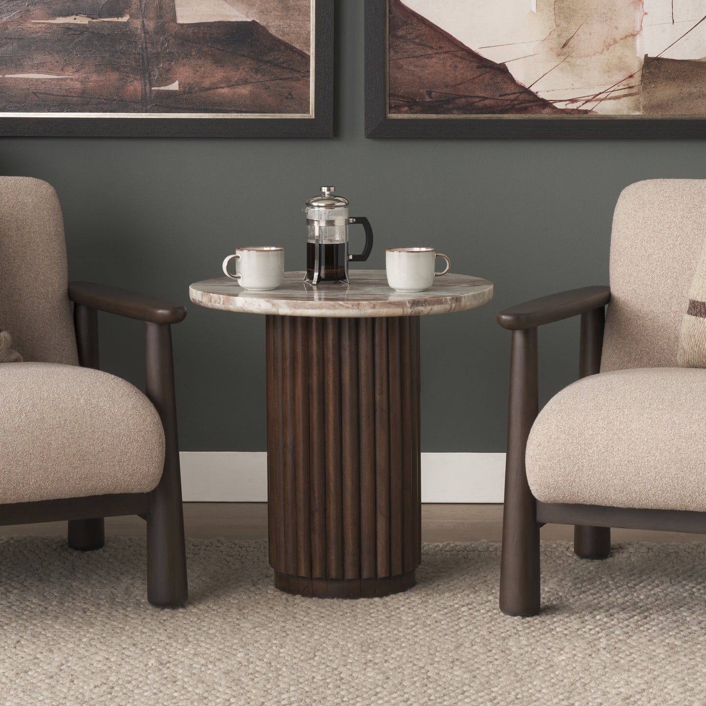 Marbrello Pink Marble Top Espresso Brown Round Side Table