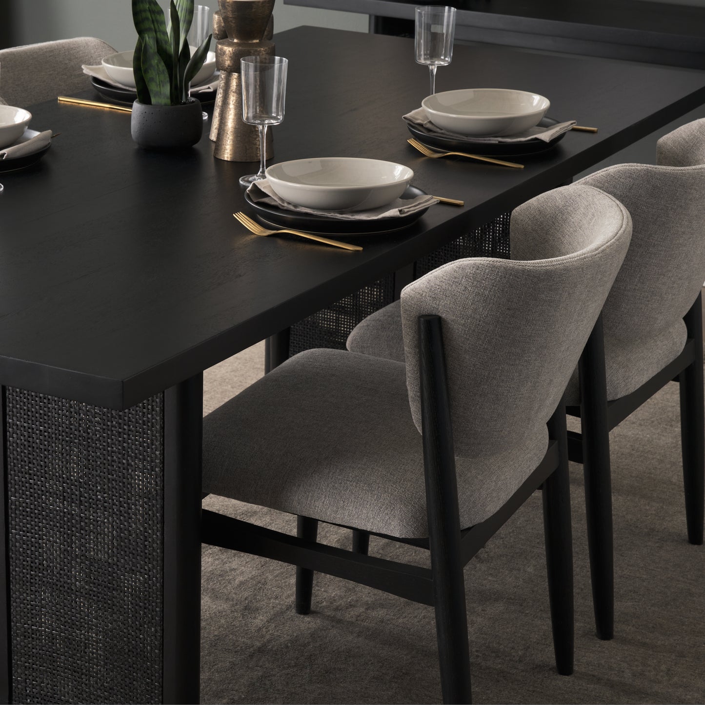 Grier Matte Black Mango Wood Dining Table with Cane Accents