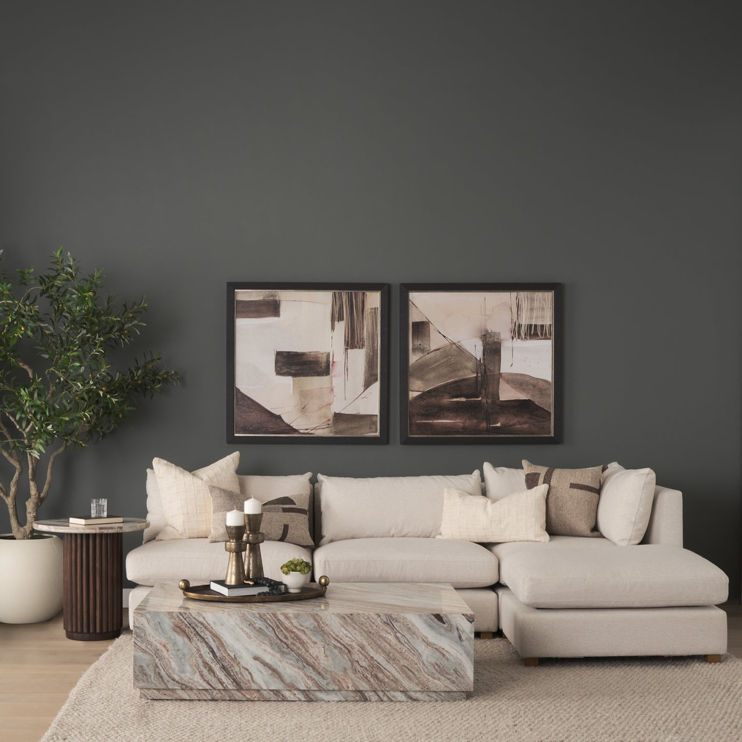 Marbrello Pink Marble Top Espresso Brown Round Side Table