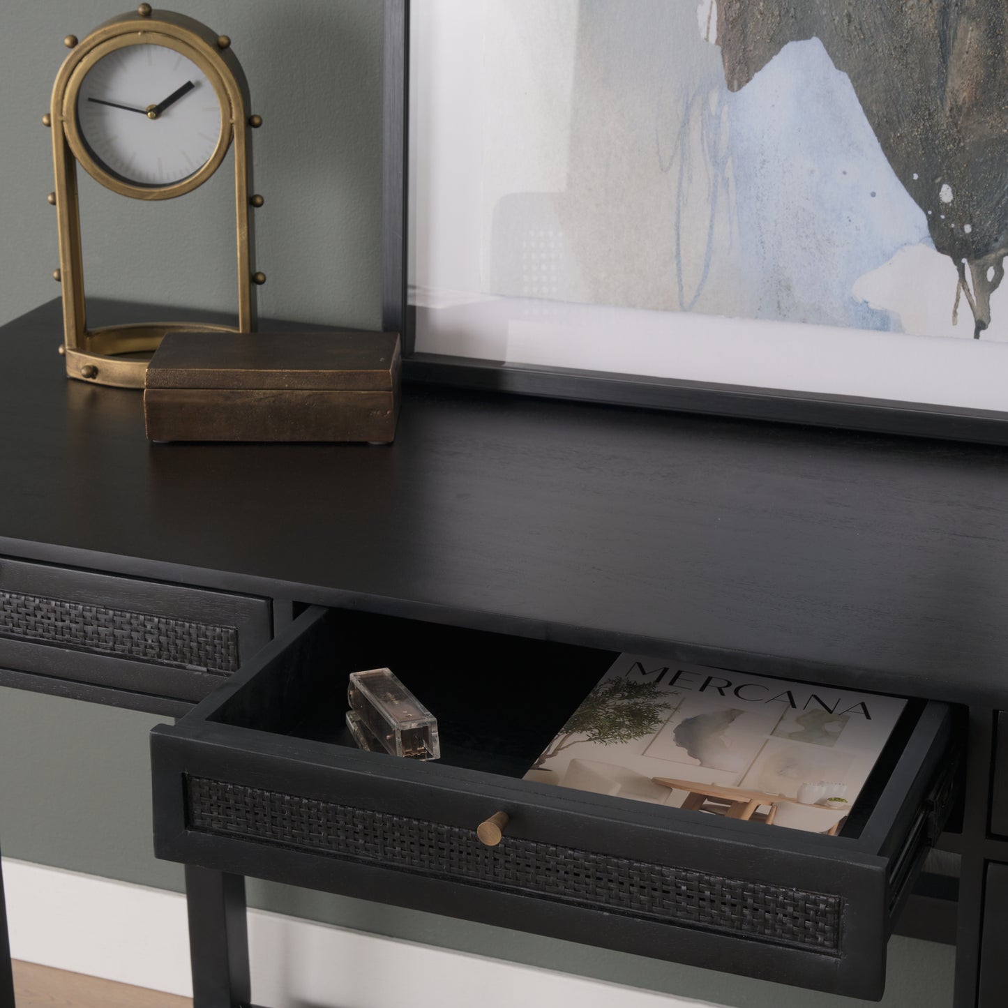 Grier 60 Inch Black Solid Wood and Cane Office Desk