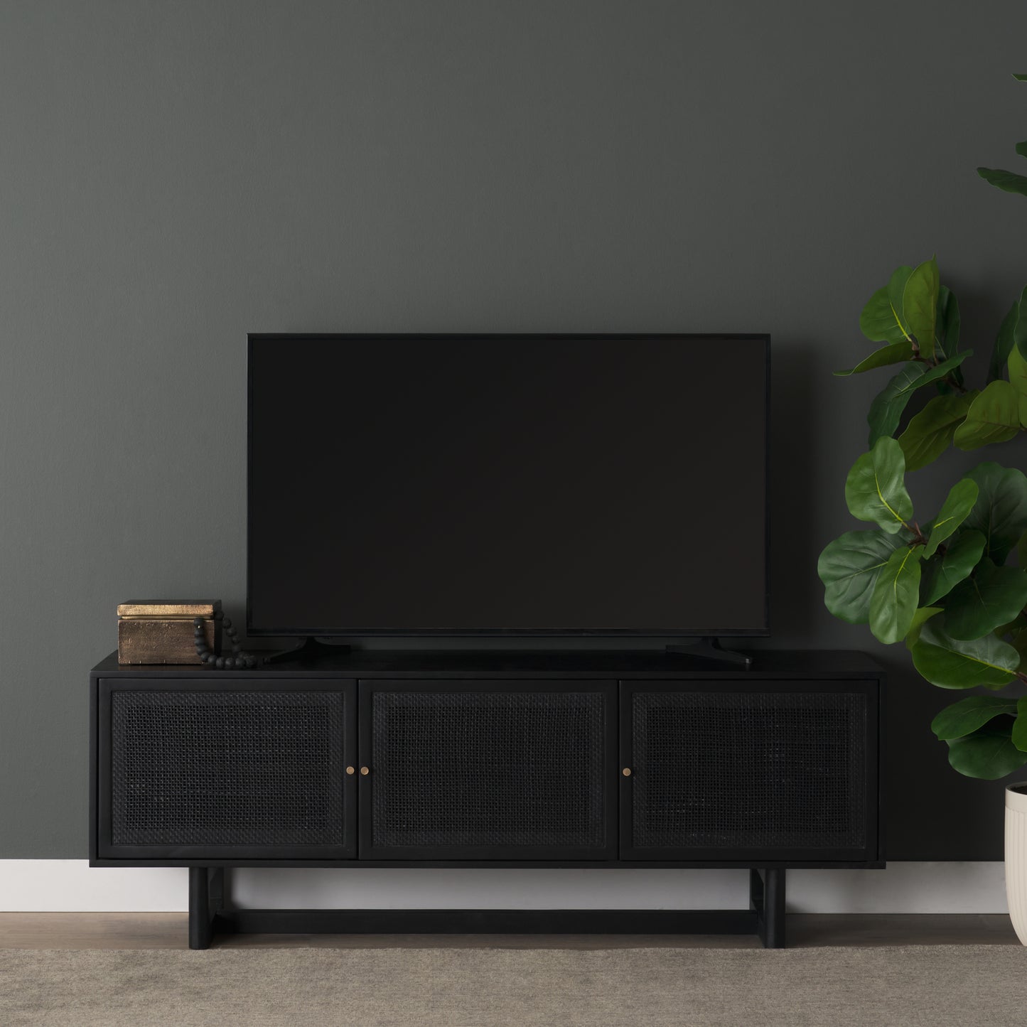 Grier 65 Inch Black Solid Wood and Cane Media Console