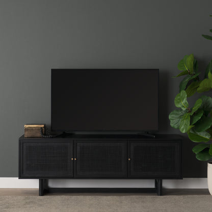 Grier 65 Inch Black Solid Wood and Cane Media Console