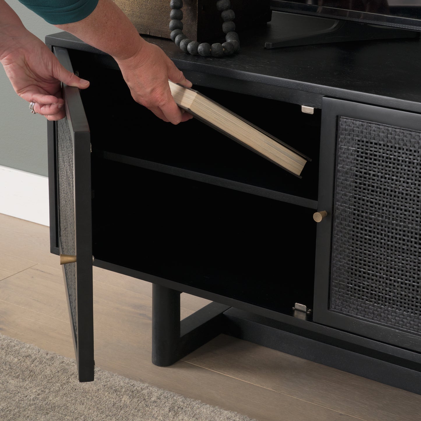 Grier 65 Inch Black Solid Wood and Cane Media Console