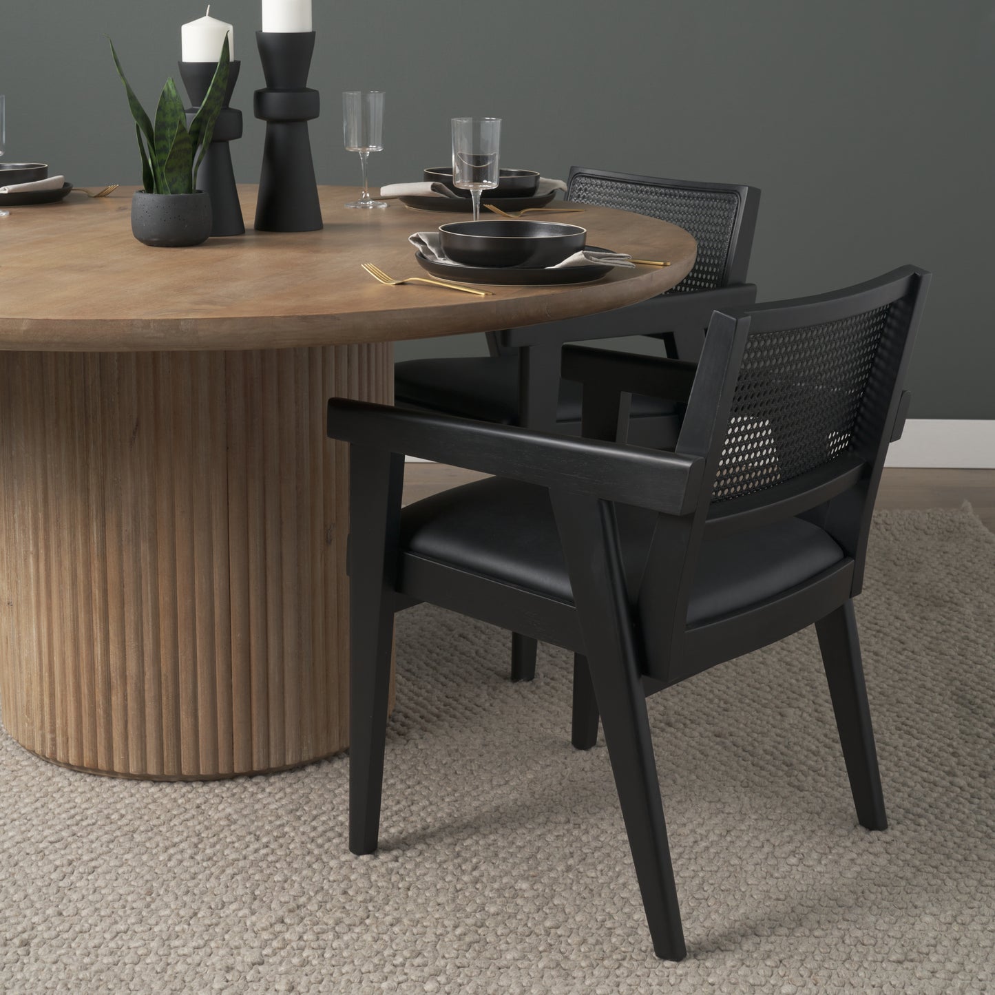 Reid Black Cane and Black Leather Dining Armchair