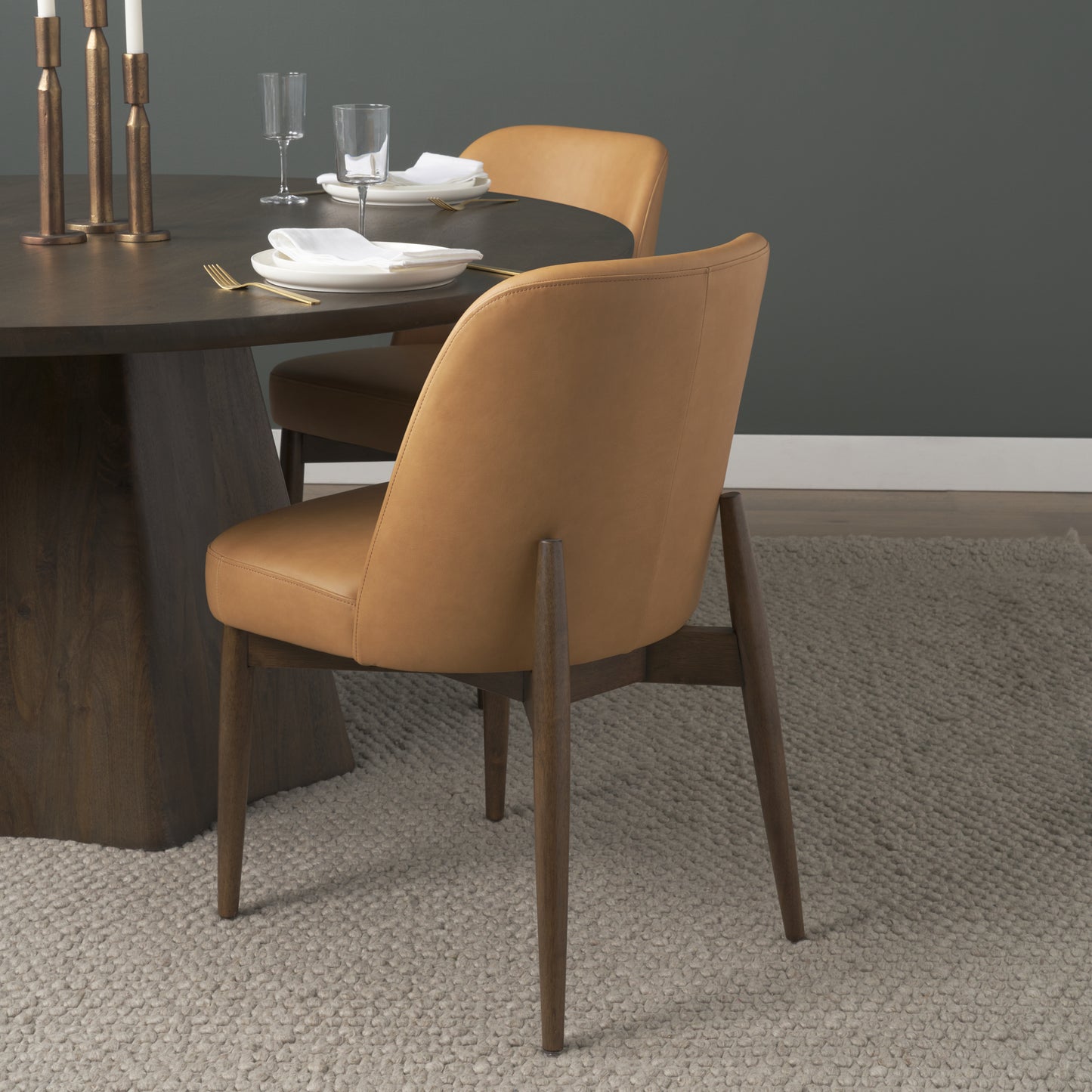 Abbie Slope Curved Back Tan Leather Dining Chair Set of 2