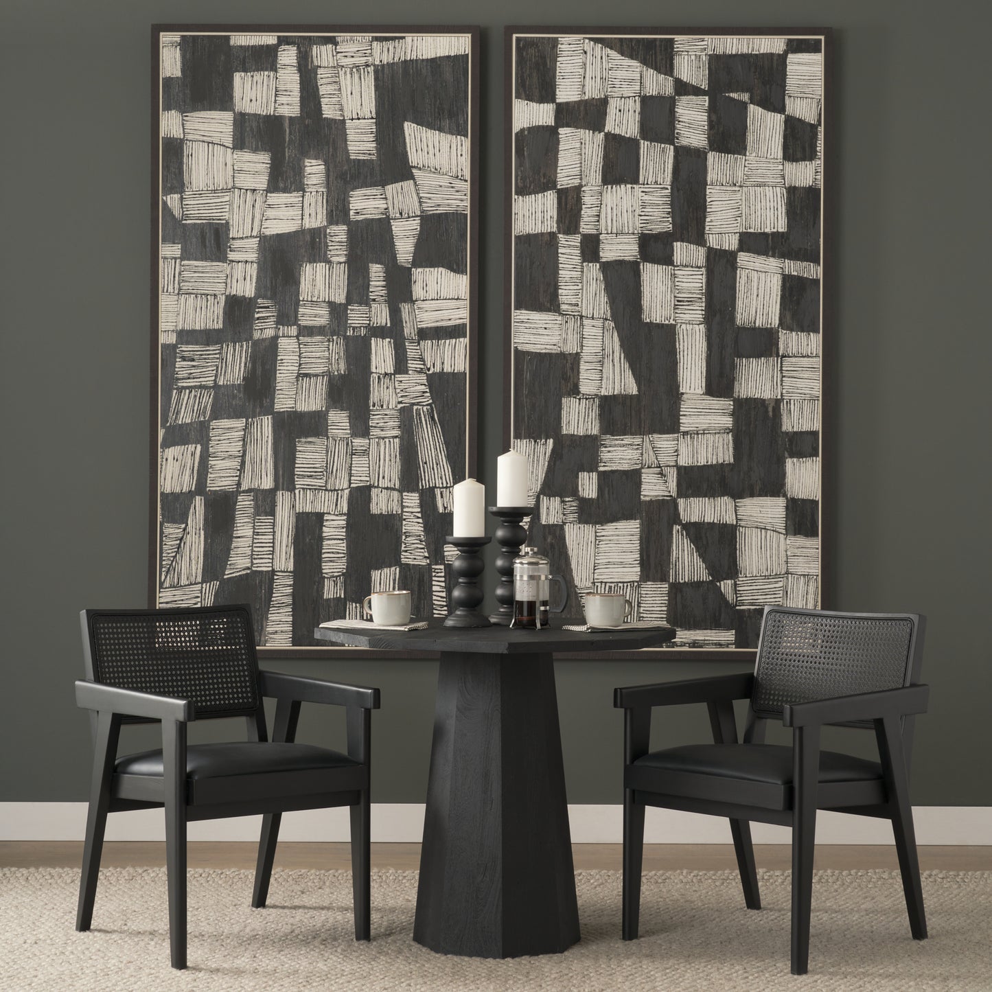 Reid Black Cane and Black Leather Dining Armchair