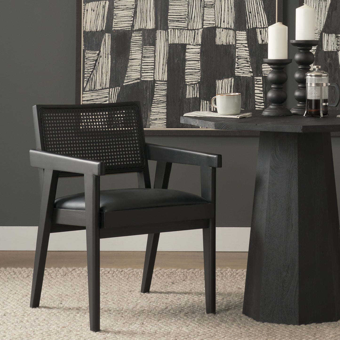 Reid Black Cane and Black Leather Dining Armchair