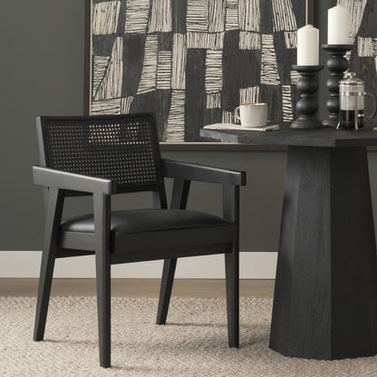 Reid Black Cane and Black Leather Dining Armchair
