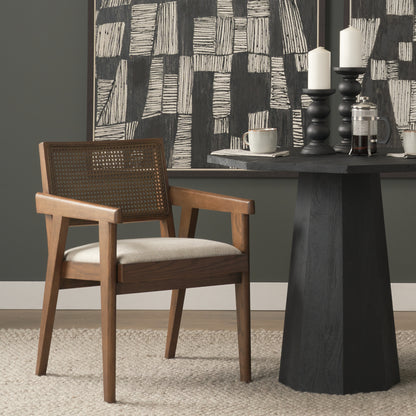 Reid Brown Cane and Cream Fabric Dining Armchair