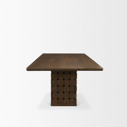 Trellyn Dark Brown Solid Wood Dining Table with Carved Woven Base