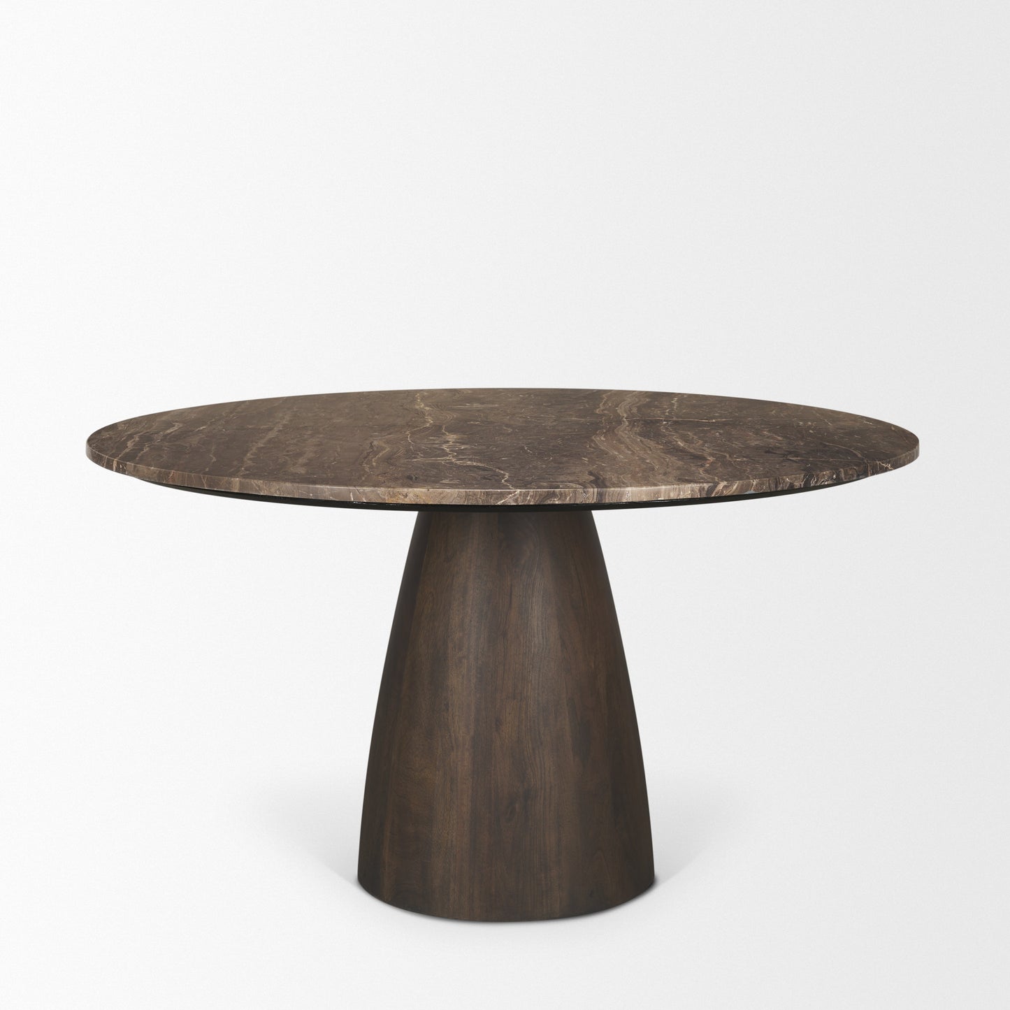 Allyson 54 Inch Round Dark Brown Pedestal Dining Table with Cappuccino Marble Top