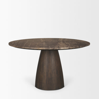 Allyson 54 Inch Round Dark Brown Pedestal Dining Table with Cappuccino Marble Top