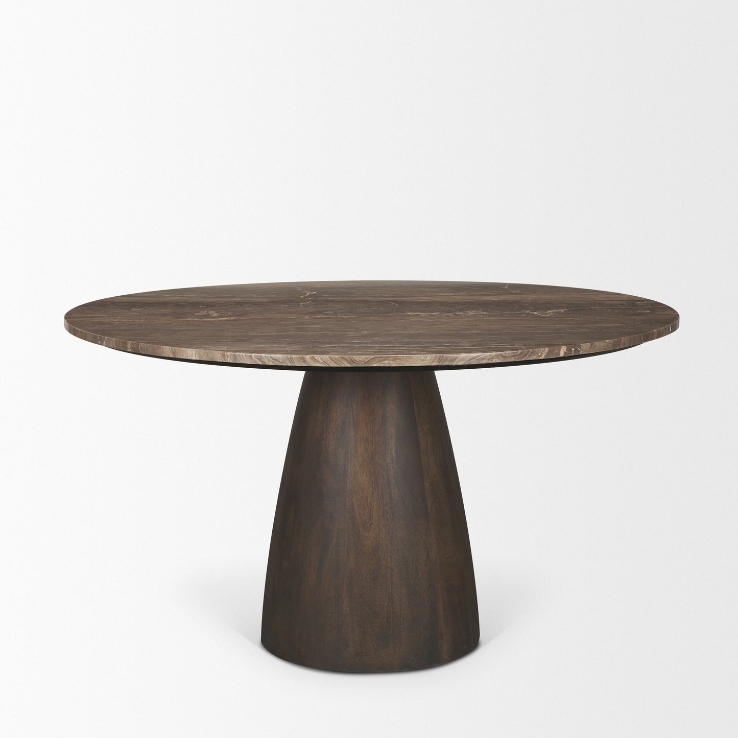 Allyson 54 Inch Round Dark Brown Pedestal Dining Table with Cappuccino Marble Top