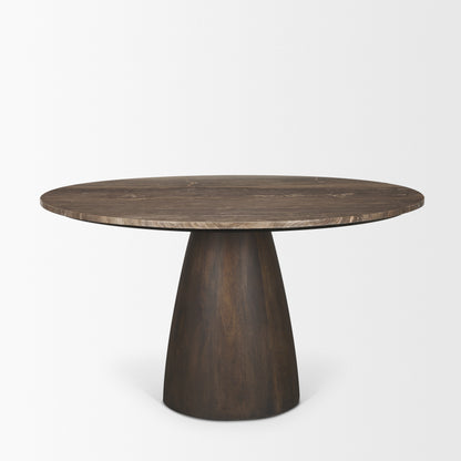 Allyson 54 Inch Round Dark Brown Pedestal Dining Table with Cappuccino Marble Top