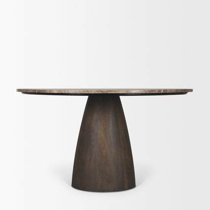 Allyson 54 Inch Round Dark Brown Pedestal Dining Table with Cappuccino Marble Top