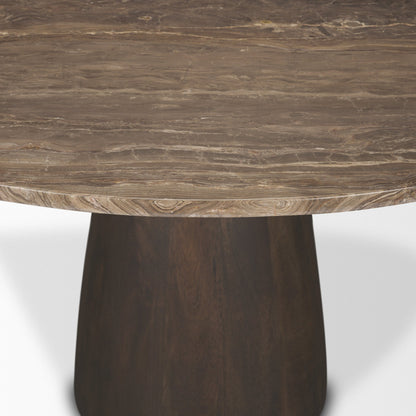 Allyson 54 Inch Round Dark Brown Pedestal Dining Table with Cappuccino Marble Top