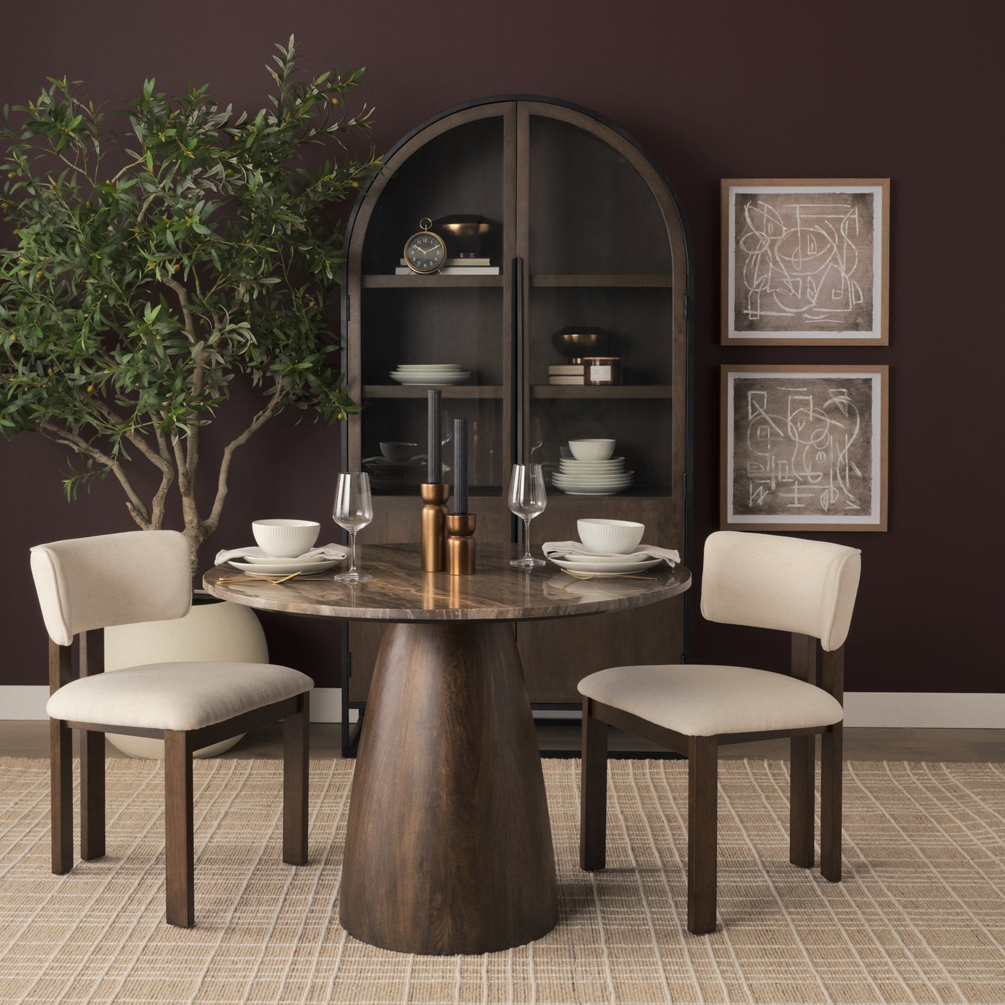 Allyson 42 Inch Round Cappuccino Marble Pedestal Dining Table