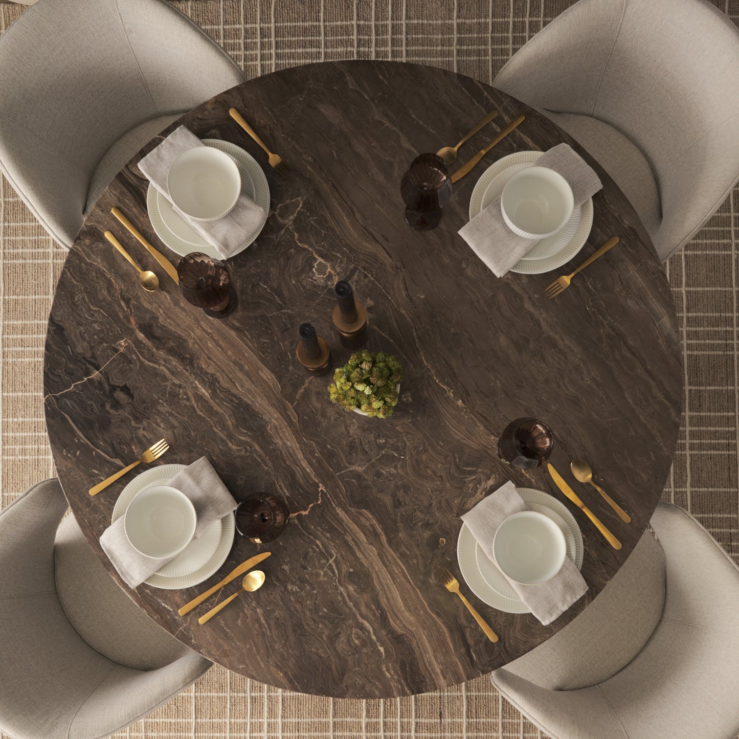 Allyson 54 Inch Round Dark Brown Pedestal Dining Table with Cappuccino Marble Top