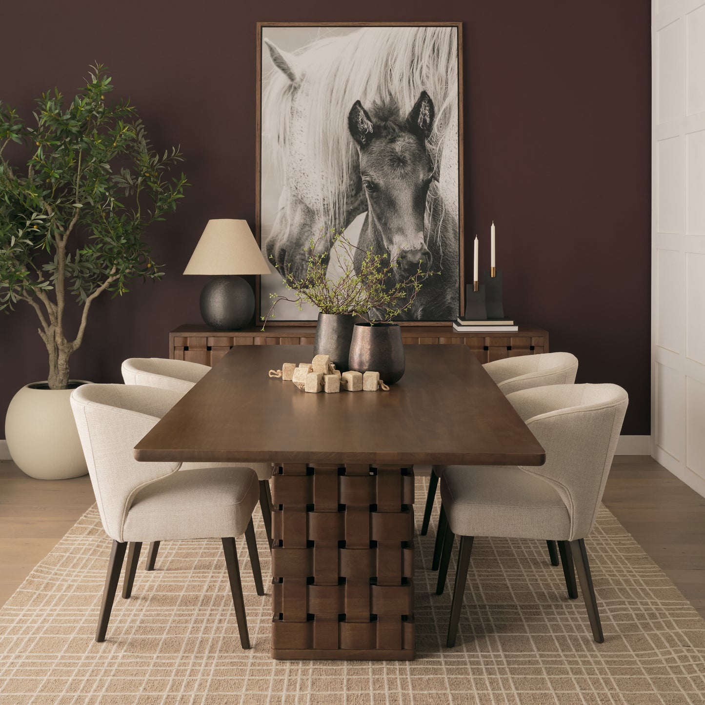 Trellyn Dark Brown Solid Wood Dining Table with Carved Woven Base