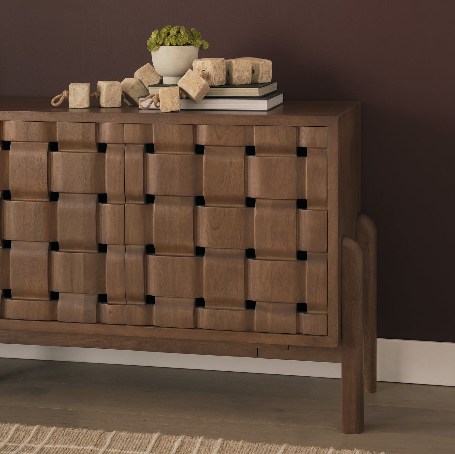Trellyn Dark Brown Solid Wood 4‑Door Carved Sideboard