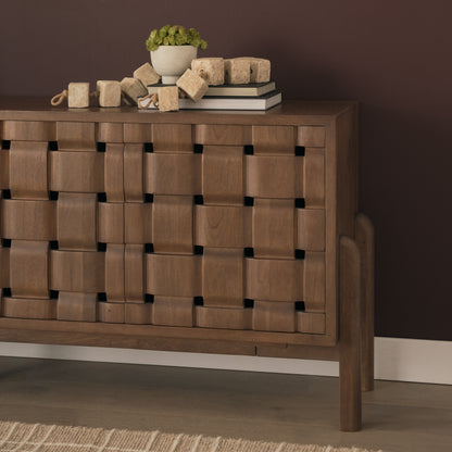 Trellyn Dark Brown Solid Wood 4‑Door Carved Sideboard