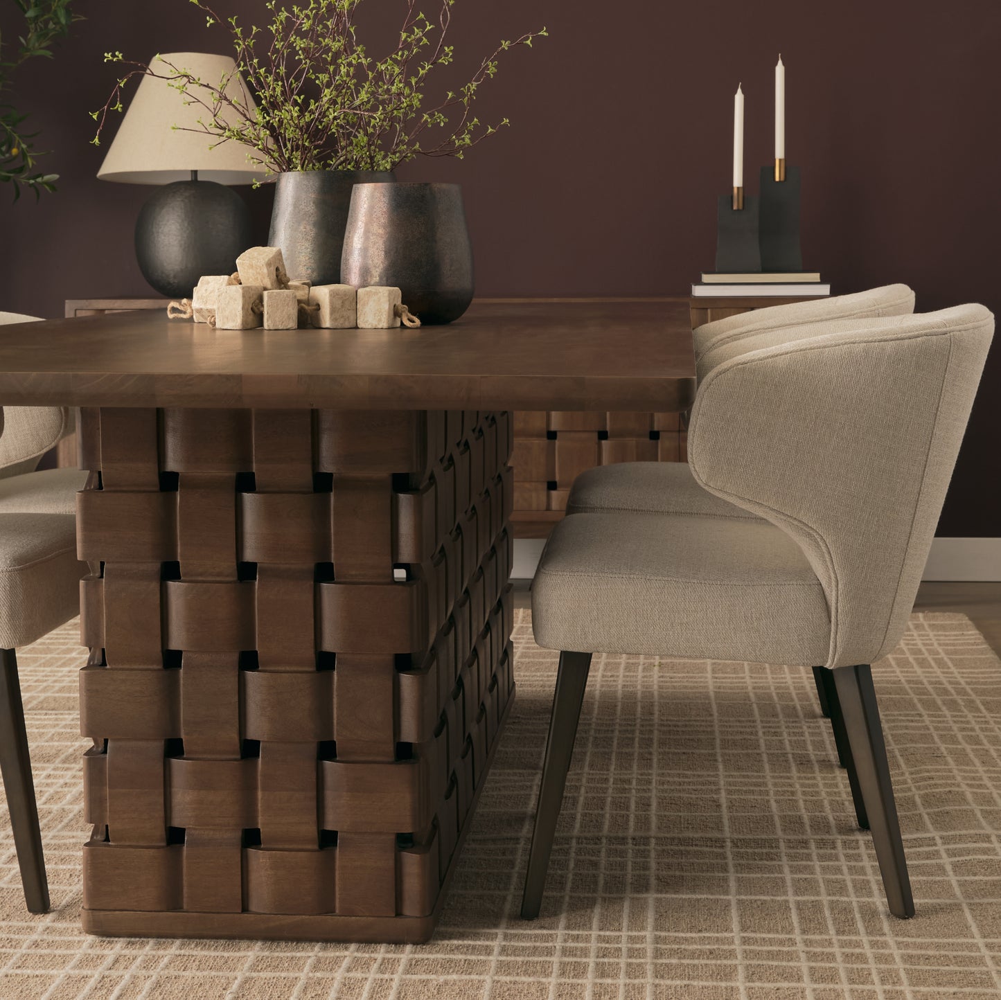 Trellyn Dark Brown Solid Wood Dining Table with Carved Woven Base