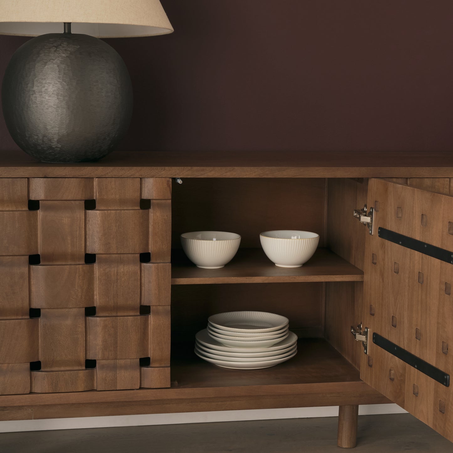 Trellyn Dark Brown Solid Wood 4‑Door Carved Sideboard