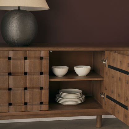 Trellyn Dark Brown Solid Wood 4‑Door Carved Sideboard