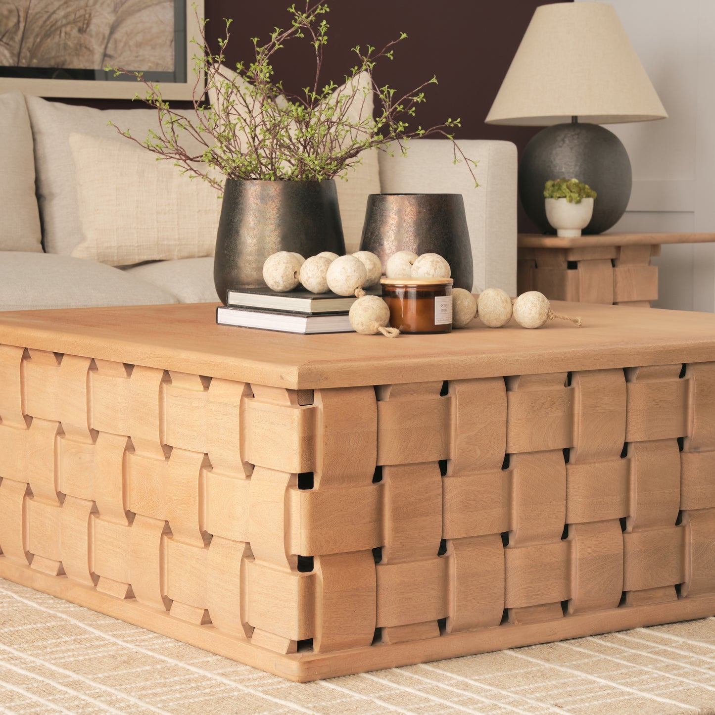 Trellyn 48" Light Brown Wood Carved Base Square Coffee Table