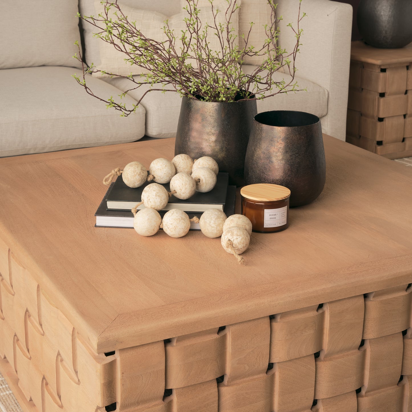 Trellyn 48" Light Brown Wood Carved Base Square Coffee Table