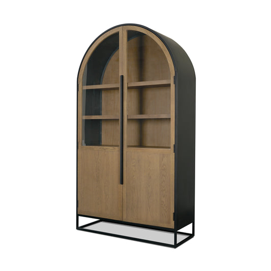 Sloan Light Brown Wood Black Metal Arched Cabinet