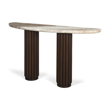 Marbrello Dark Brown Fluted Wood Console Table with Marble Top