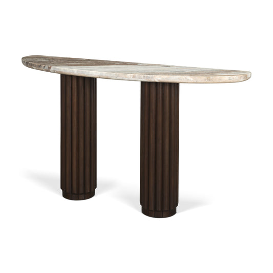 Marbrello Dark Brown Fluted Wood Console Table with Marble Top