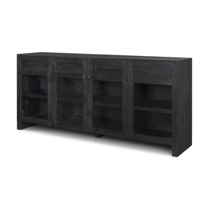 Suri Black Wood 4‑Door Sideboard with Glass Panels