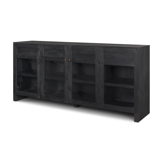 Suri Black Wood 4‑Door Sideboard with Glass Panels