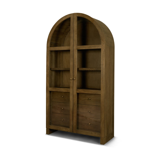 Suri Mid Brown Wood Arched Glass Door Curio Cabinet