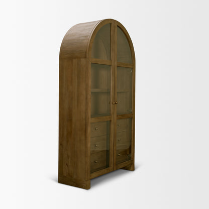 Suri Mid Brown Wood Arched Glass Door Curio Cabinet