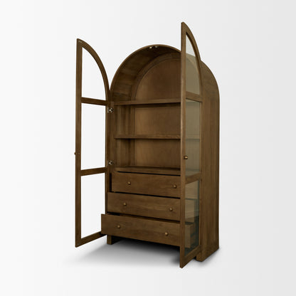 Suri Mid Brown Wood Arched Glass Door Curio Cabinet