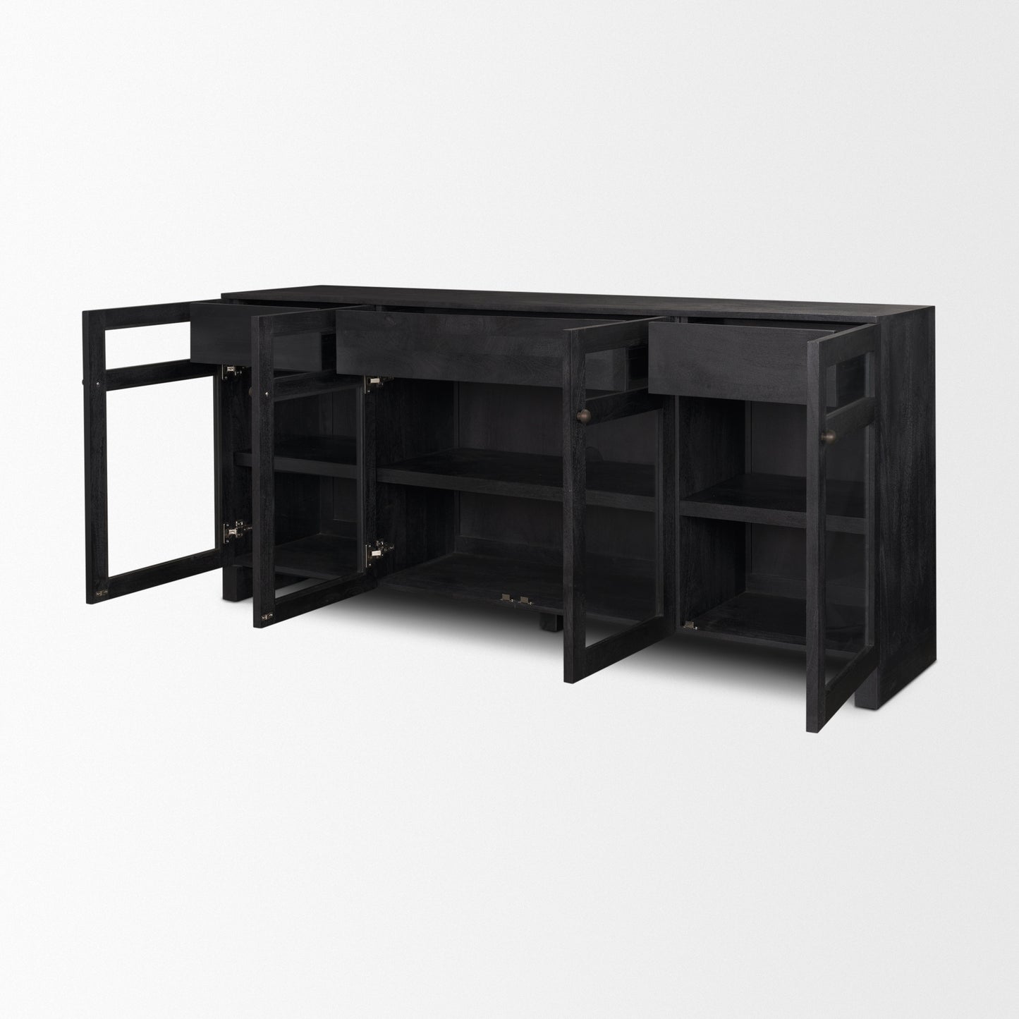 Suri Black Wood 4‑Door Sideboard with Glass Panels