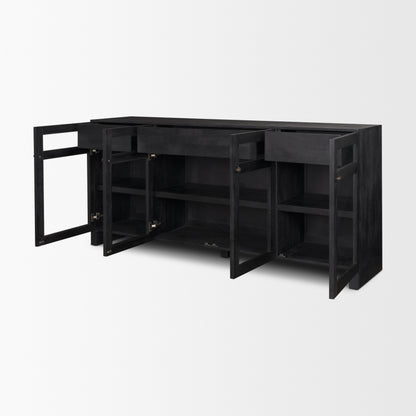 Suri Black Wood 4‑Door Sideboard with Glass Panels
