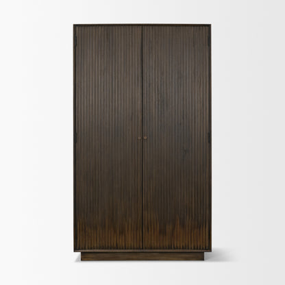 Cinder Distressed Dark Brown Wood Reeded 2‑Door Tall Cabinet