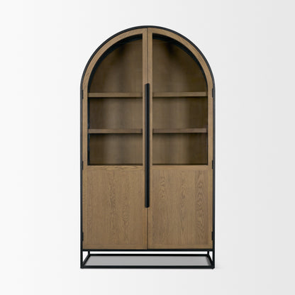 Sloan Light Brown Wood Black Metal Arched Cabinet