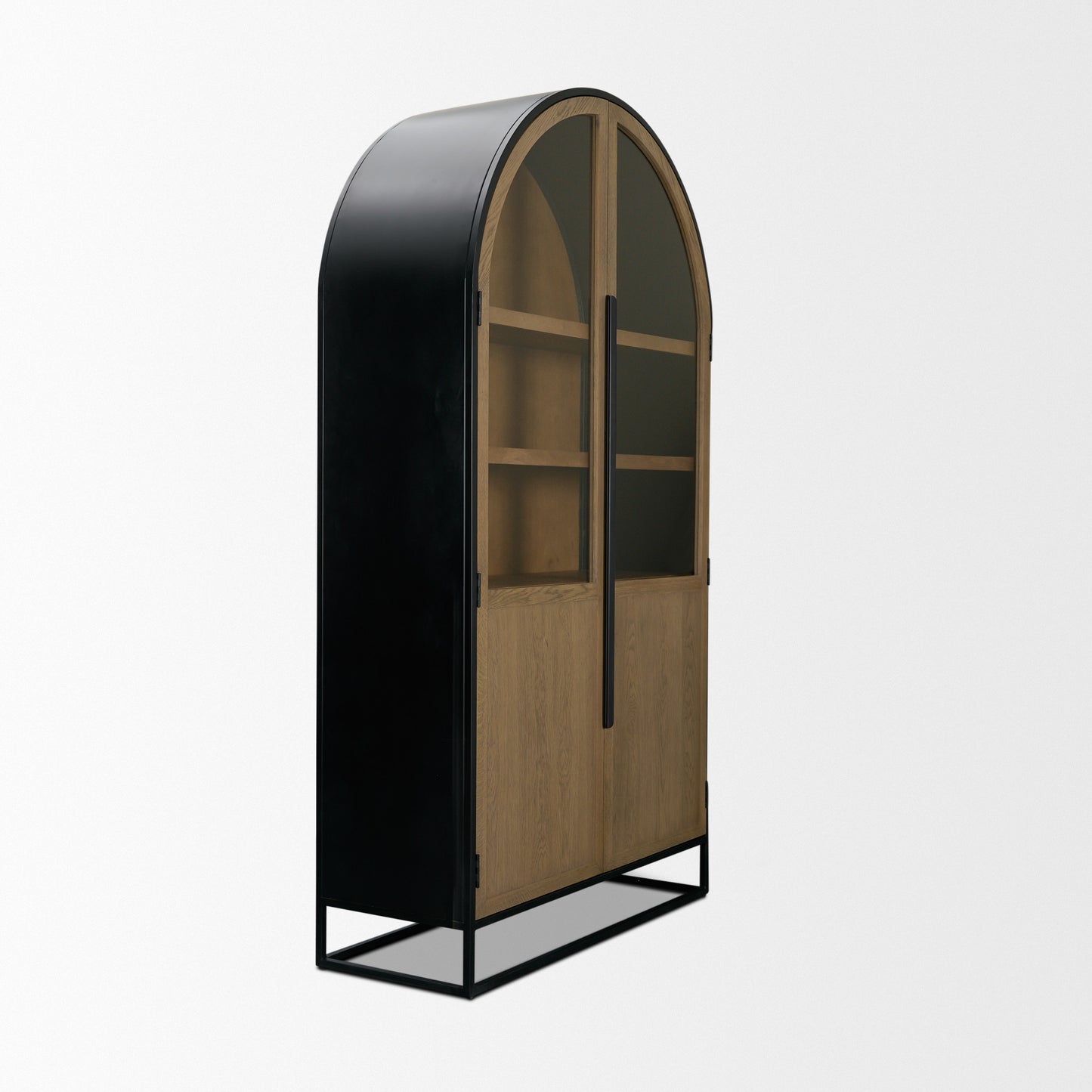 Sloan Light Brown Wood Black Metal Arched Cabinet