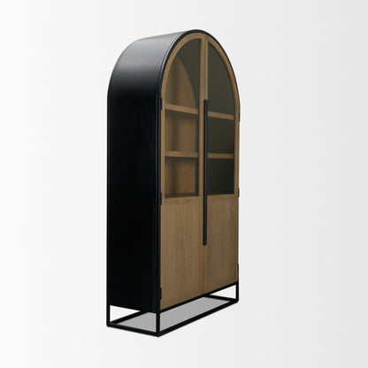 Sloan Light Brown Wood Black Metal Arched Cabinet