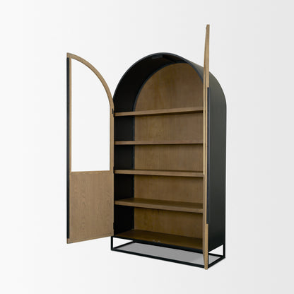 Sloan Light Brown Wood Black Metal Arched Cabinet